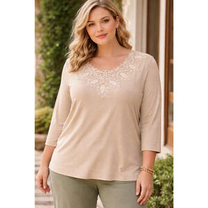 Chalet Womens 3/4 Sleeve Top Floral Embroidered Crochet Grandmacore Tiffany Lace